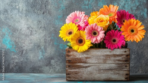 An elegant bouquet of flowers is laid on a brown wooden coffin at a funeral. Grief and sadness for the death of a loved one, remembrance of passes, and farewell to the dead. photo