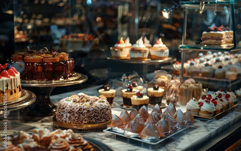 A gourmet bakery showcases rich chocolate cakes alongside an assorted variety of pastries, each elegantly presented with finesse. A gourmet bakery showcases rich chocolate cakes alongside an assorted variety of pastries, each elegantly presented with finesse.