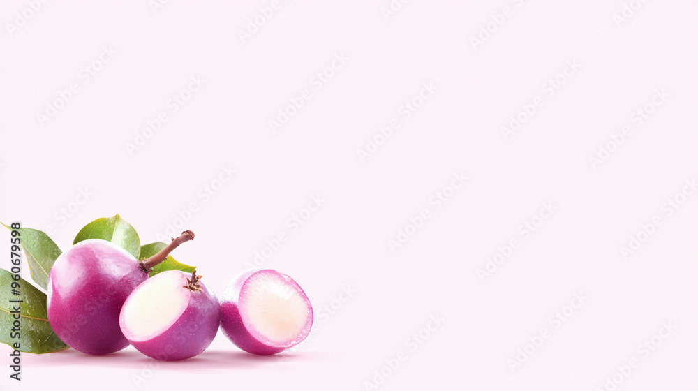 Fresh purple fruits with leaves, one fruit cut open to reveal its juicy interior, set against a minimalist white background. Fresh purple fruits with leaves, one fruit cut open to reveal its juicy interior, set against a minimalist white background.