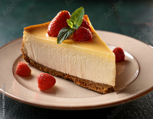 The cool, smooth texture of a slice of cheesecake, with a dense, creamy consistency. photo