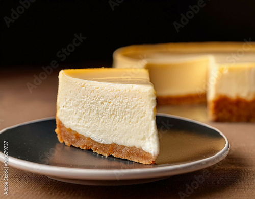 The cool, smooth texture of a slice of cheesecake, with a dense, creamy consistency.