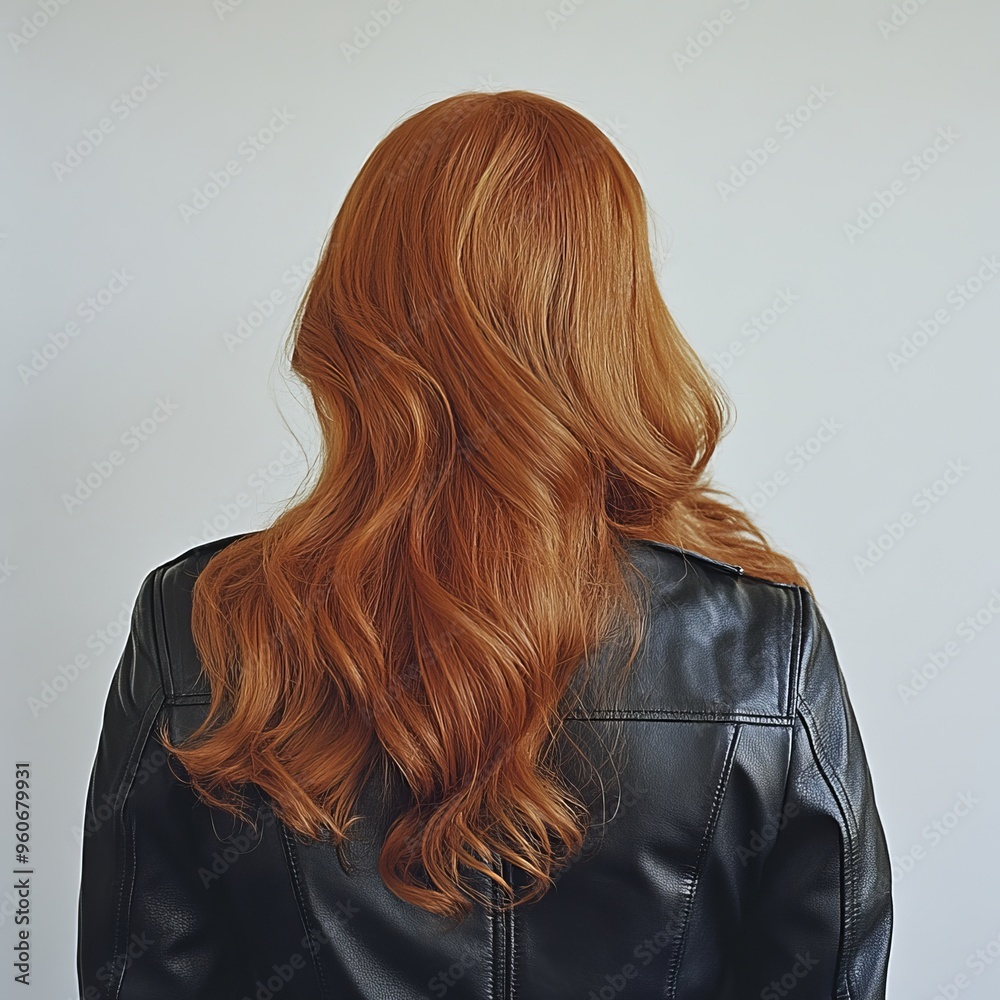 Naklejka premium A close-up rear view of a young woman wearing a black leather jacket on transparent background. Fashionable fashionable style for girls and women, model clothing, contemporary trends.