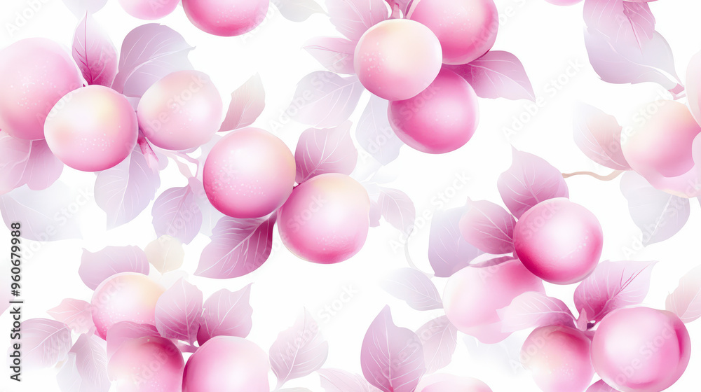 A delicate illustration featuring clusters of pink, pastel-colored plums with subtle leaves, creating a serene and artistic pattern on a white background. A delicate illustration featuring clusters of pink, pastel-colored plums with subtle leaves, creating a serene and artistic pattern on a white background.
