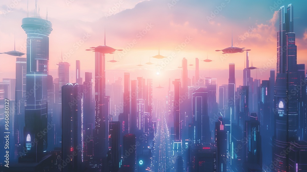 Fototapeta premium background with futuristic city with flying cars and skyscrapers