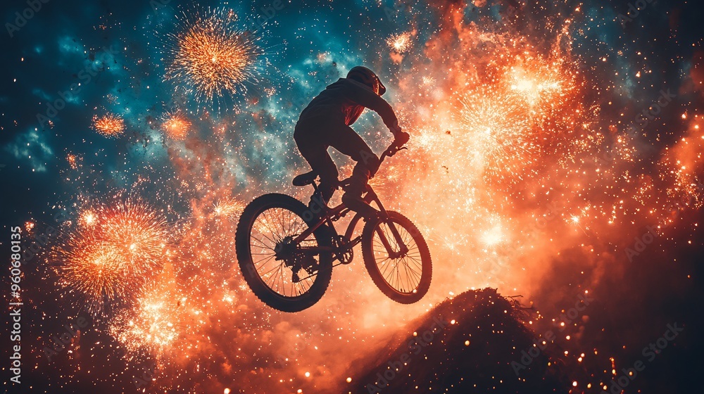 Obraz premium A silhouette of a man doing a wheelie on a bicycle, framed by colorful New Year's fireworks lighting up the night sky
