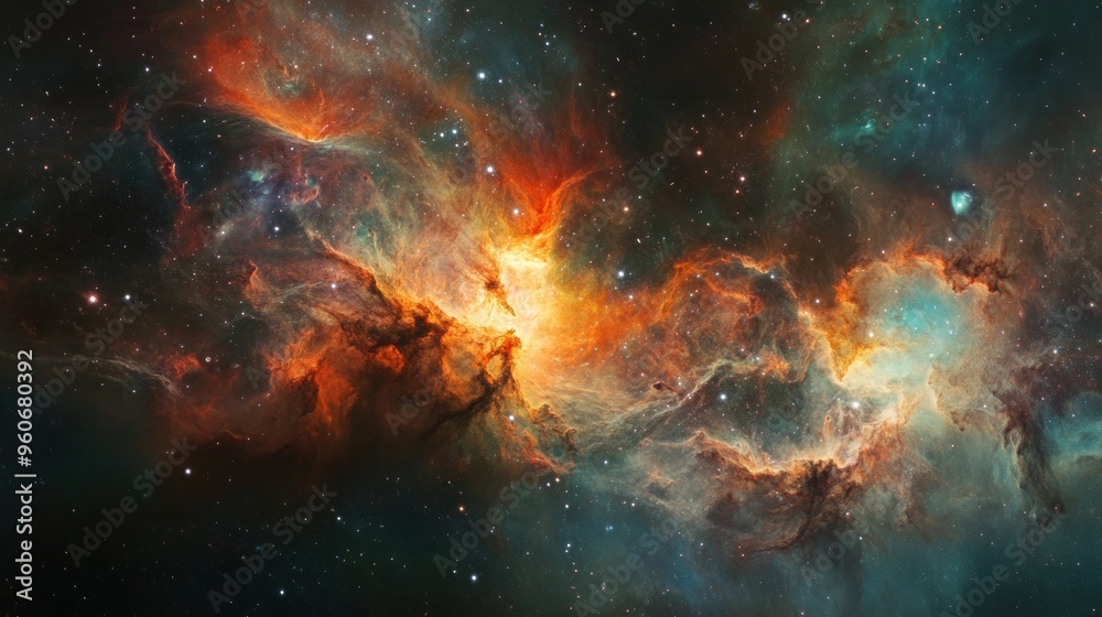 Cosmic Nebula with Orange and Green Glowing Gas Clouds Cosmic Nebula with Orange and Green Glowing Gas Clouds