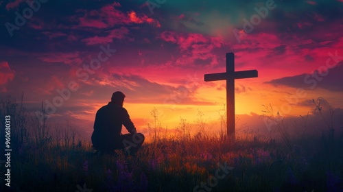 Outdoor silhouette of man kneeling near a wooden Christian cross on a nature meadow grass field at sunset. Religion faith belief repentance prayer forgiveness hope in Jesus Christ, salvation.