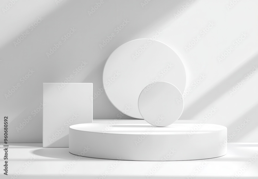 White podium or pedestal, with round and square shapes against a soft light background White podium or pedestal, with round and square shapes against a soft light background