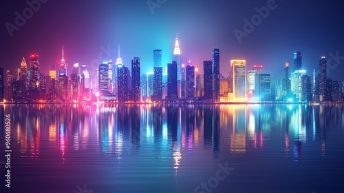 abstract background with A nighttime cityscape with brightly lit skyscrapers reflecting