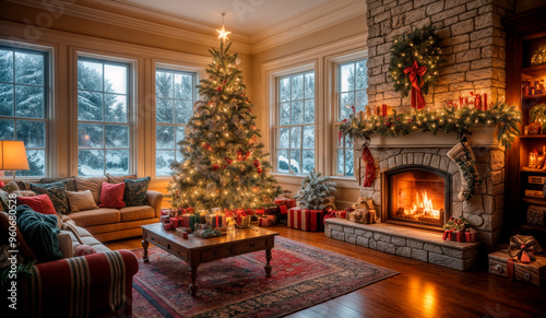 A cozy living room at Christmas time. The room is decorated with a beautifully lit Christmas tree, stockings, and a fireplace.