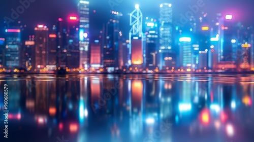 abstract background with A nighttime cityscape with brightly lit skyscrapers reflecting