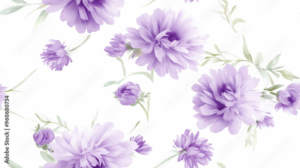 A beautiful floral pattern featuring delicate light purple flowers and green leaves scattered across a white background.