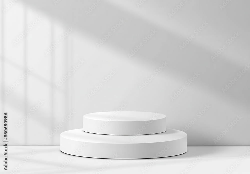 White podium or pedestal, with round and square shapes against a soft light background White podium or pedestal, with round and square shapes against a soft light background