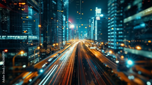 background with A nighttime view of a futuristic city with glowing skyscrapers and moving traffic