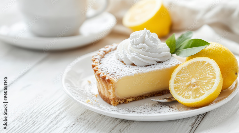 A delicious slice of lemon tart topped with whipped cream, garnished with lemon slices and fresh mint, next to a cup of tea on a white table. A delicious slice of lemon tart topped with whipped cream, garnished with lemon slices and fresh mint, next to a cup of tea on a white table.