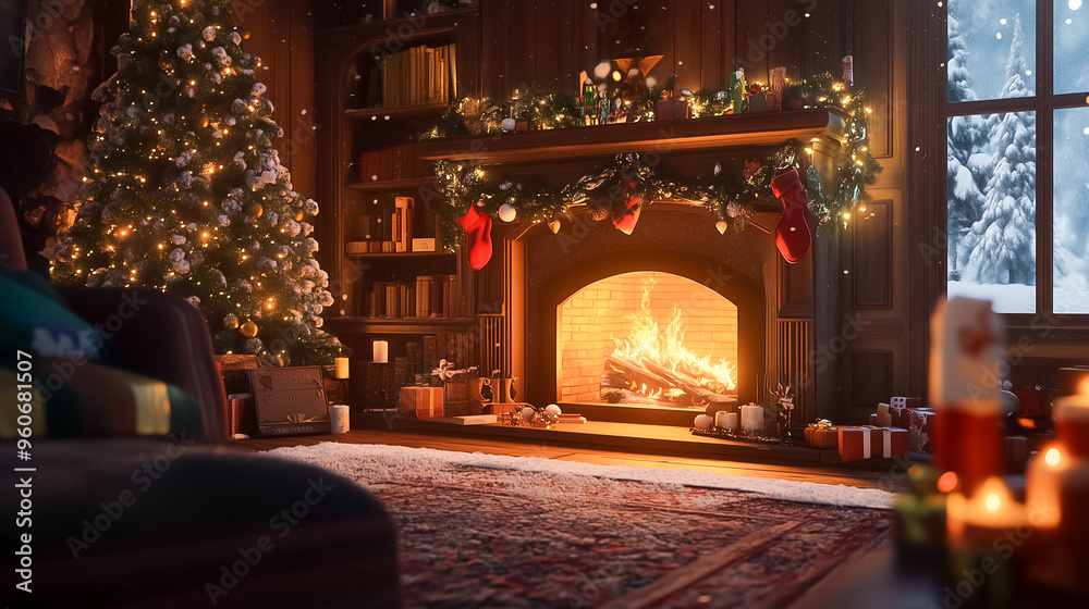 A warm and inviting living room showcases a glowing fireplace surrounded by festive decorations. A beautifully lit Christmas tree stands nearby, creating a cheerful atmosphere in winter A warm and inviting living room showcases a glowing fireplace surrounded by festive decorations. A beautifully lit Christmas tree stands nearby, creating a cheerful atmosphere in winter
