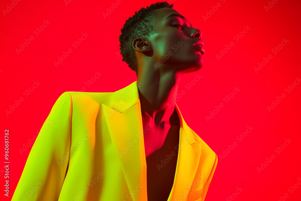 Men in Neon Yellow Blazer with Solid Neon Red Background Fashion Lifestyle Portrait, Stylish and Modern