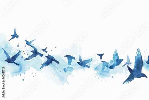 Watercolor painting of blue birds flying in a white sky. Children's Book Illustration