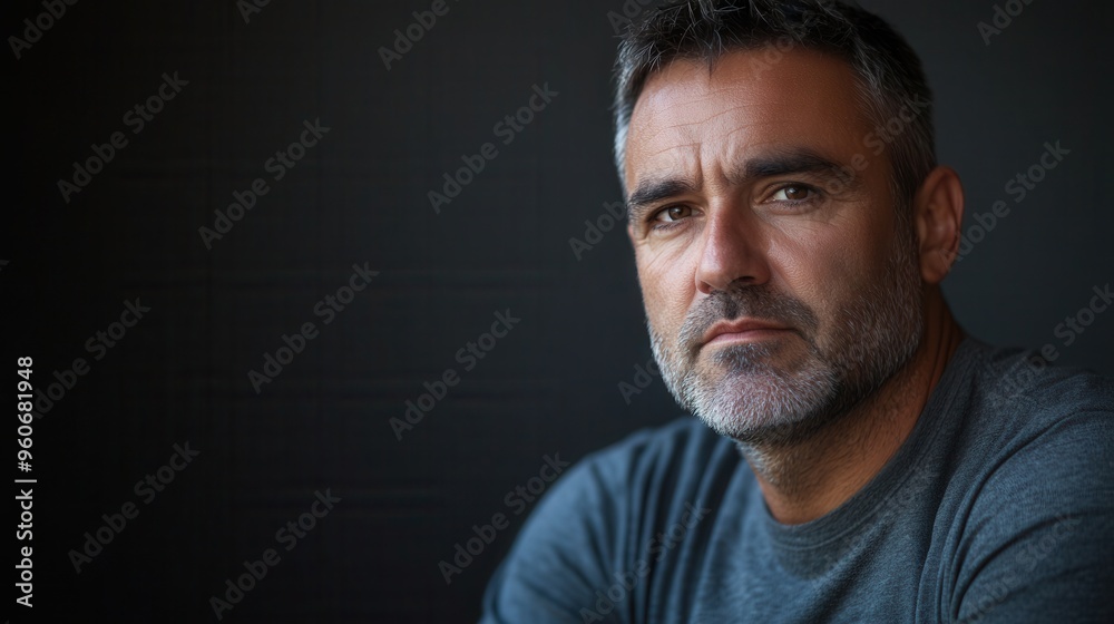 Fototapeta premium A man with a serious expression contemplates deeply, displaying thoughtfulness with a relaxed demeanor in casual clothing. Generative AI