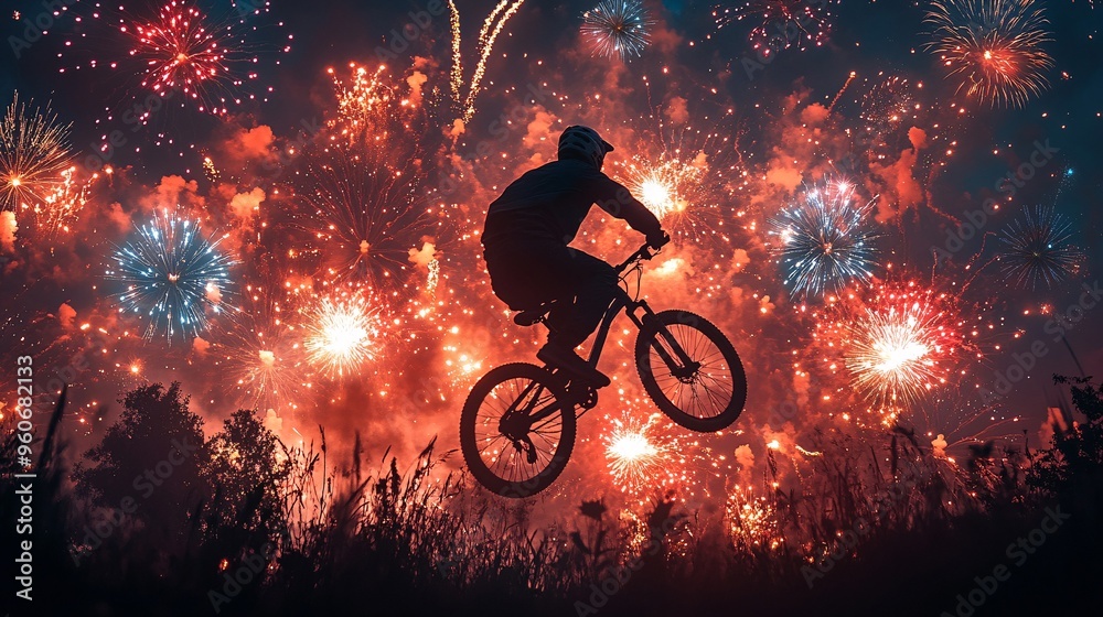 Obraz premium A silhouette of a man doing a wheelie on a bicycle, framed by colorful New Year's fireworks lighting up the night sky