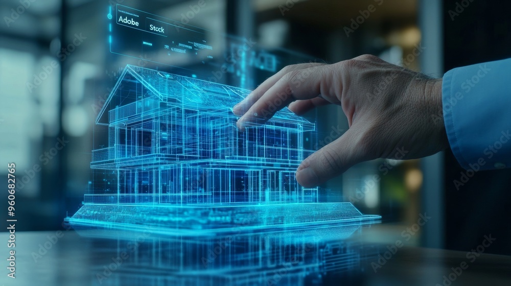 Fototapeta premium In a business office of a real estate agency, a businessman holds a futuristic 3D render of a modern building, a housing apartment or a city housing unit.