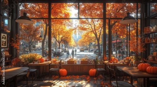 Cozy coffee shop with autumn colors inviting customers inside