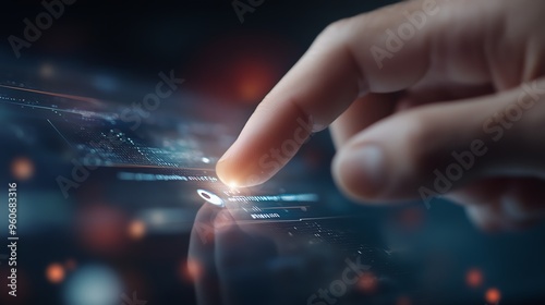 A close-up of a finger interacting with a futuristic touchscreen display, illustrating advanced technology and digital interaction.