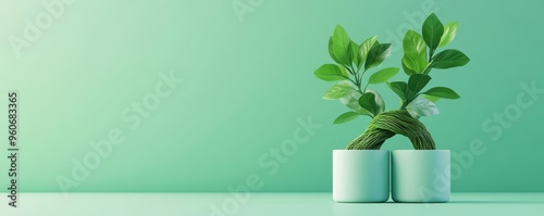 Business partnership growth, two plants intertwining, symbiotic relationship, 3D illustration