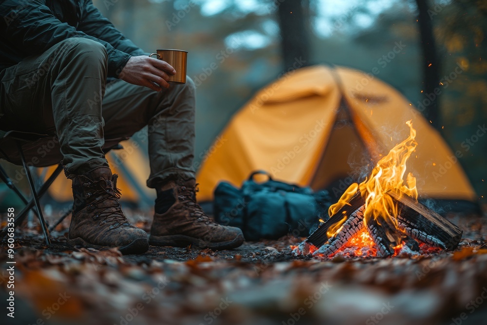 Traveling, hiking in the deep forest with tent, AI generated Traveling, hiking in the deep forest with tent, AI generated