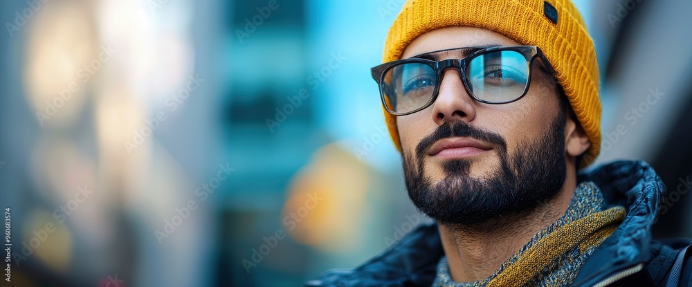 Portrait of a young man wearing a yellow beanie and glasses Portrait of a young man wearing a yellow beanie and glasses
