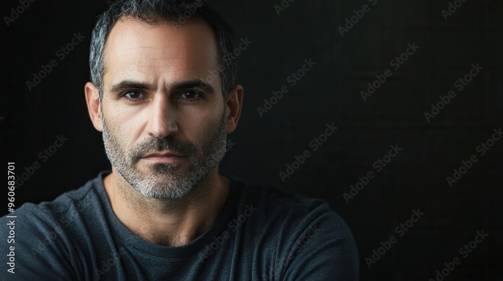 A man with a serious expression contemplates life, his arms crossed, against a minimalist dark background. Generative AI A man with a serious expression contemplates life, his arms crossed, against a minimalist dark background. Generative AI