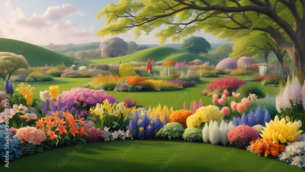 Naklejka premium Beautiful Spring Garden: Panoramic View of Vibrant Flowers and Green Lawn Emphasizing Natural Beauty