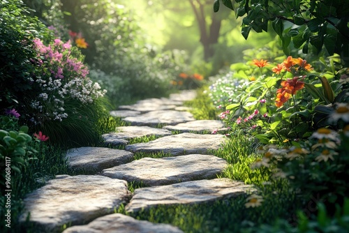 Winding through a lush garden, a stone path meanders past colorful flowers and greenery, illuminated by gentle sunlight, creating a tranquil escape into nature