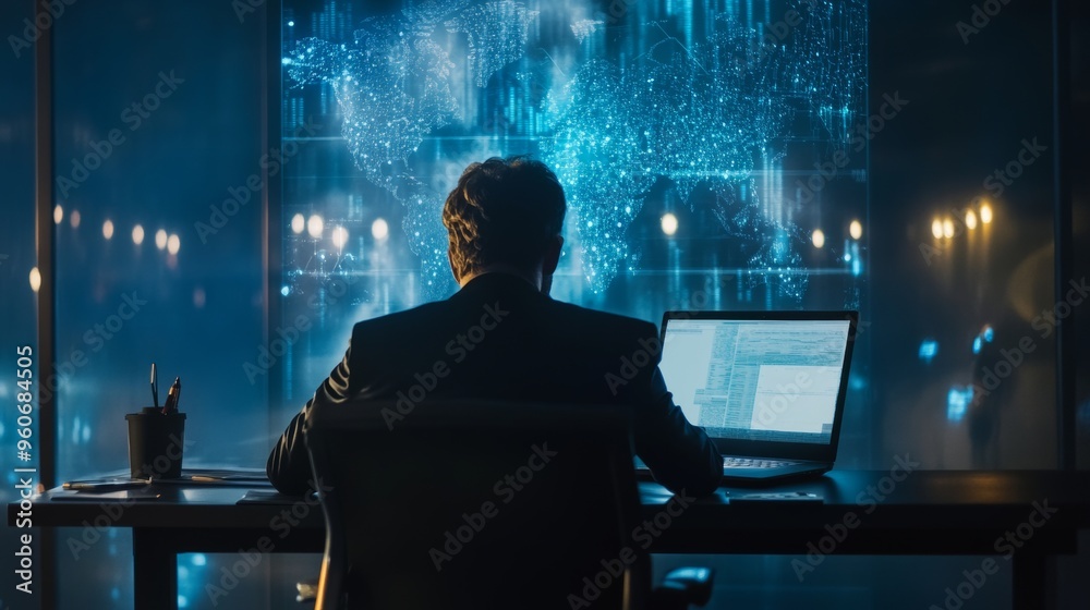 Businessman's laptop notebook displays a blue world map. Global market internet service as well as worldwide international communications. Businessman's laptop notebook displays a blue world map. Global market internet service as well as worldwide international communications.