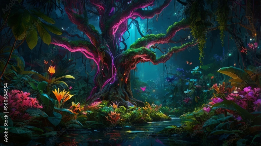 Fototapeta premium A magical forest scene with a glowing tree.