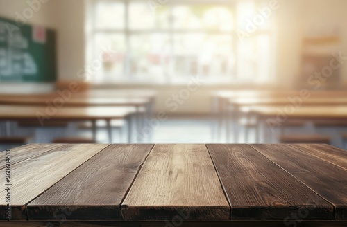 Wooden tabletop with a blurred background of a school classroom