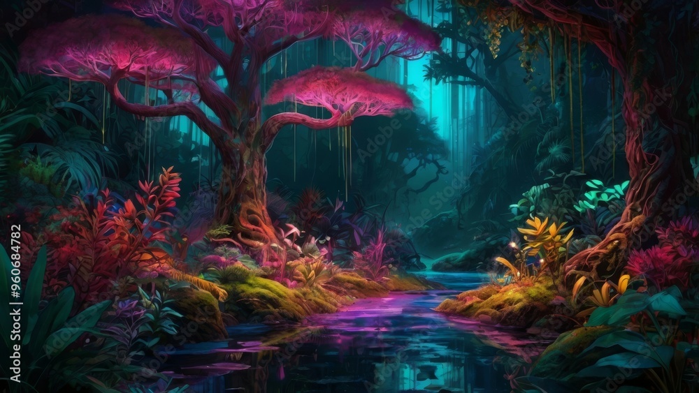 Obraz premium Magical forest with a glowing river.