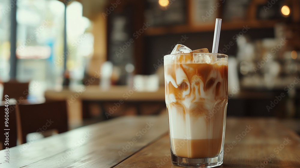 ice latte coffee with milk in glass. on the table at cafe ice latte coffee with milk in glass. on the table at cafe