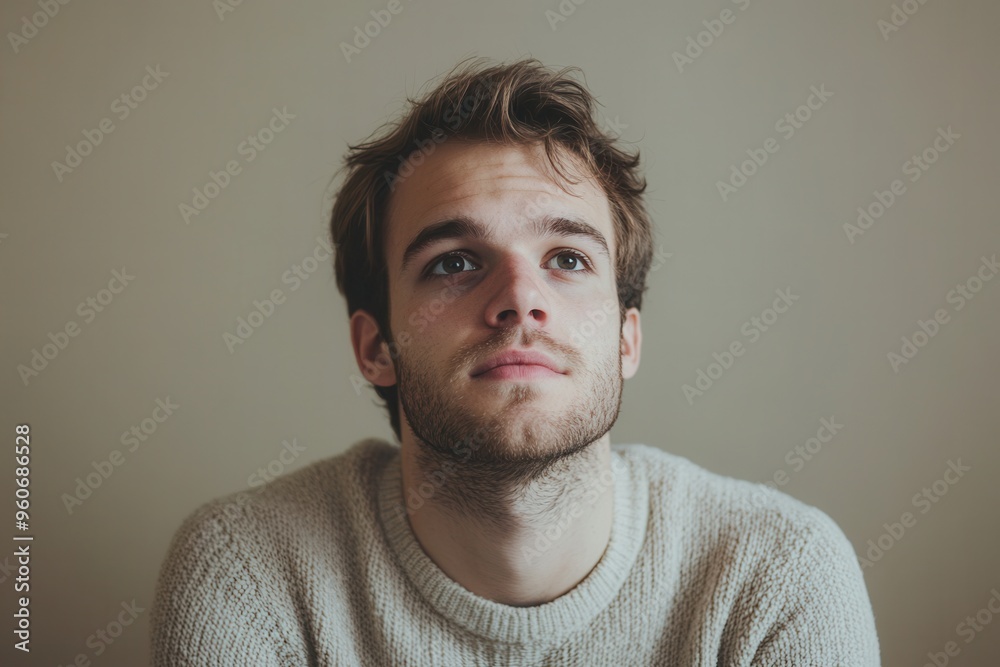 Fototapeta premium The man appears lost in thought, looking up with a serious expression, suggesting deep contemplation or reflection. Generative AI