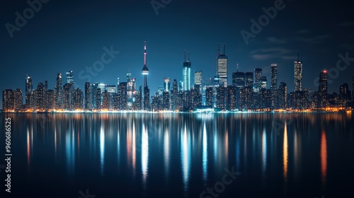 Nighttime Skyline of a City with Reflections in Water