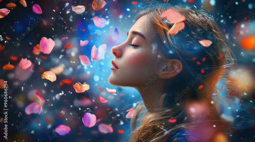 Woman with Closed Eyes in a Shower of Flower Petals Woman with Closed Eyes in a Shower of Flower Petals