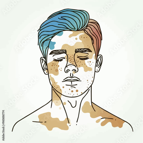 person with a vitiligo, alopecia, hyperpigmentation, rosacea, herpes, 