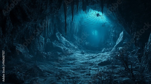 A Spider's Web in a Dark, Stalactite-Filled Cave