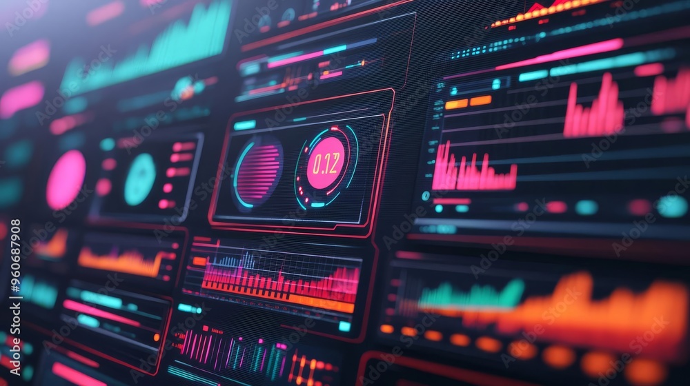 Market research, data analysis on large screen, futuristic tech, 3D illustration Market research, data analysis on large screen, futuristic tech, 3D illustration