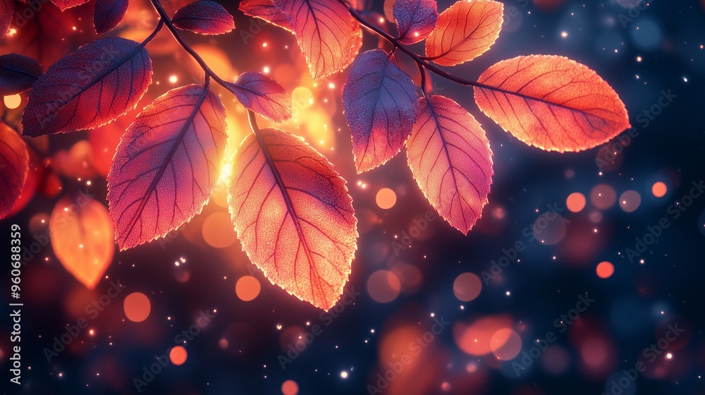 Red autumn leaves glowing in night light with dew drops and a soft bokeh background. Red autumn leaves glowing in night light with dew drops and a soft bokeh background.