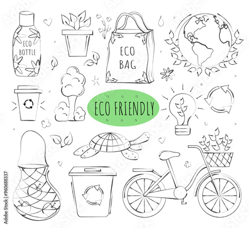 Eco friendly set of hand drawn doodle elements. Eco products, bottle, bag, bicycle. Zero waste. Go green. Vector illustration