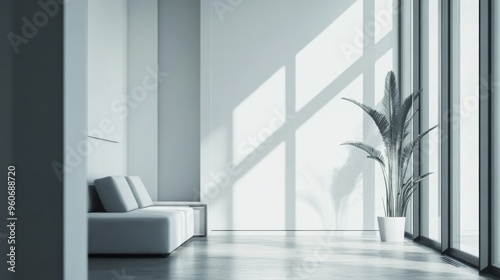 Close-up of a beautifully designed minimalistic living room featuring sleek furniture, a monochromatic color scheme, and plenty of natural light.