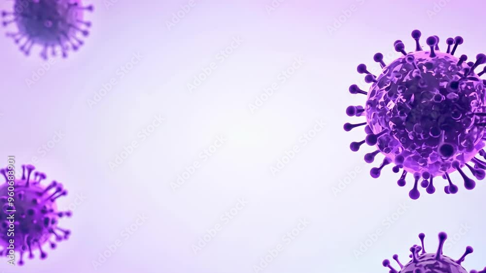 Purple Coronavirus Particles on Light Gradient Background. Concept of Pandemic Awareness, Virus Spread, Medical Research. Purple Coronavirus Particles on Light Gradient Background. Concept of Pandemic Awareness, Virus Spread, Medical Research.