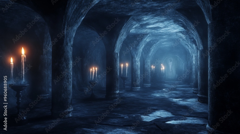 Candlelit Stone Corridor in a Dark, Mysterious Cave Candlelit Stone Corridor in a Dark, Mysterious Cave