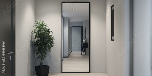 Modern hallway with a plant and a mirror.